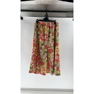 Southern Lady Floral Print Midi Skirt Orange Green Brown Elastic Waist Sz L